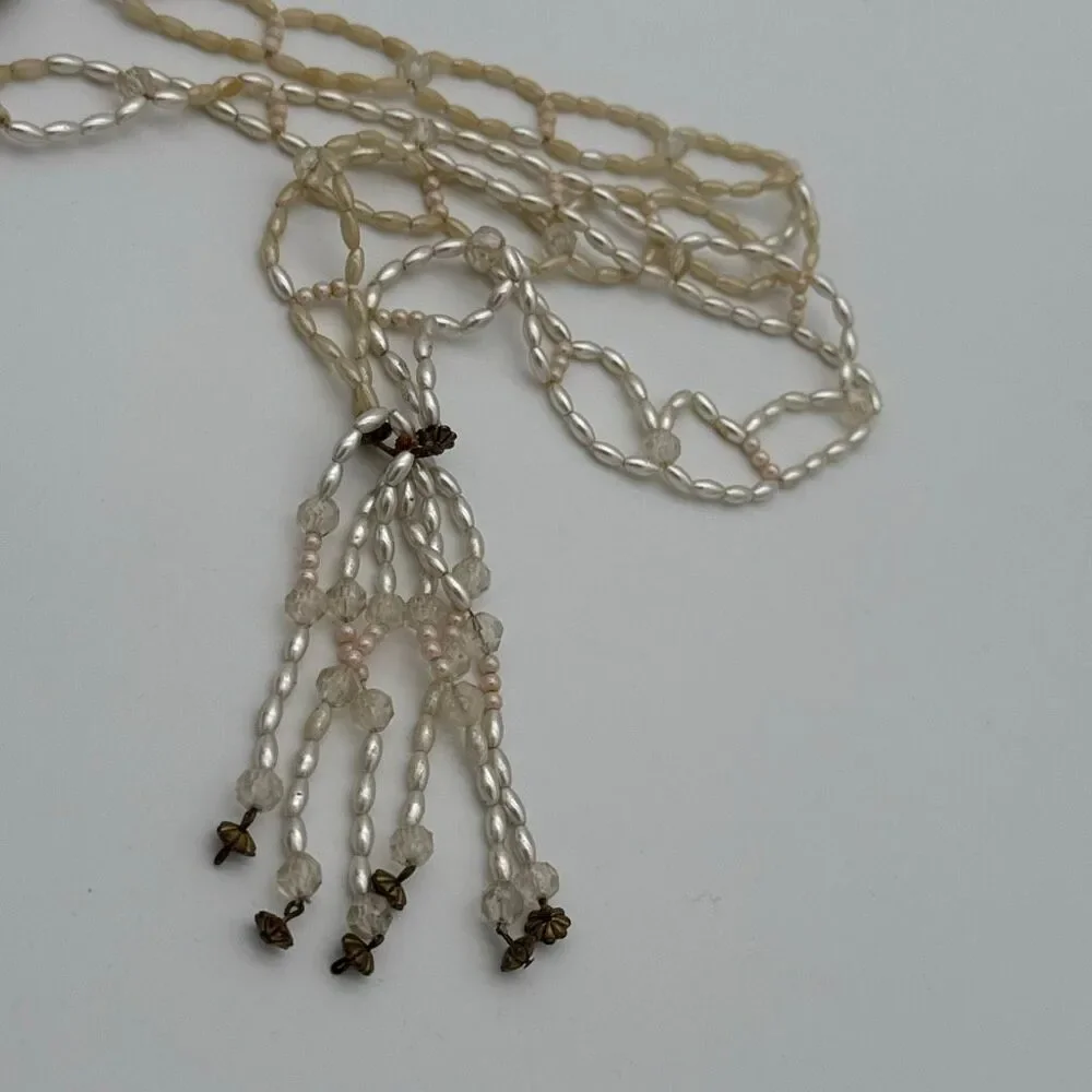 Vintage 1950s Faux Pearl Crystal Tassel Necklace Double Strand Mid Century State